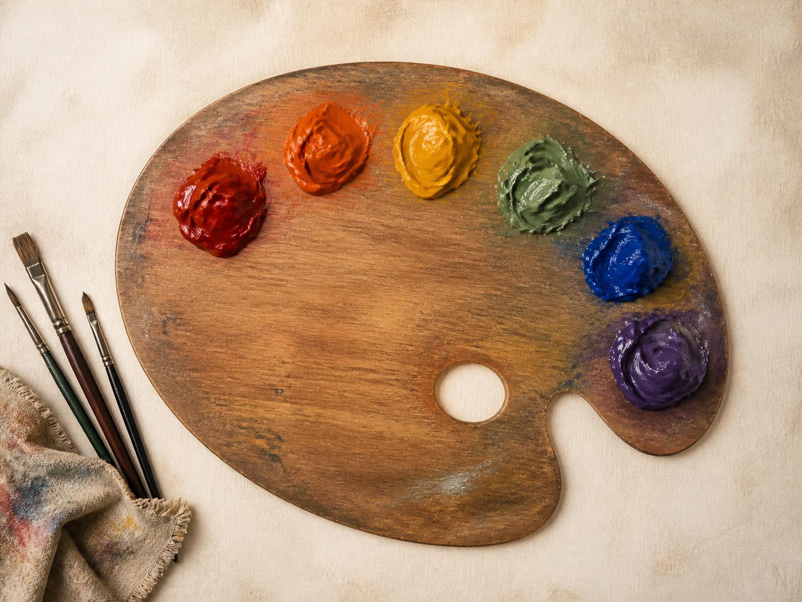 Wooden artist palette holding six colours of oil paint